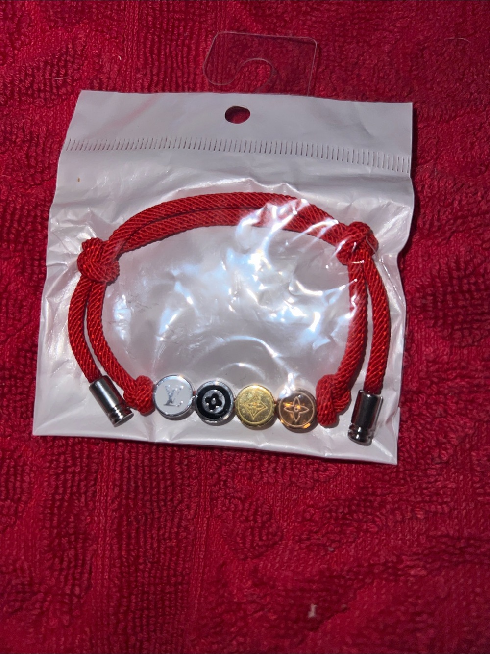 Red Rope Bracelet with Decorative Metal Beads